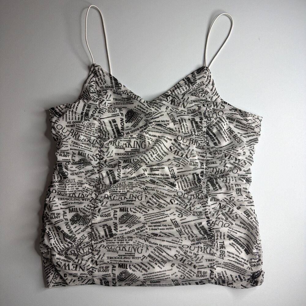 Vintage Y2K Almost Famous Newspaper Print Mesh Overlay Cami Tank Top Womens XL